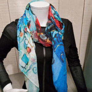 Foulard imprimé peinture turquoise et rouge- boutiques-caprices.fr - Lot-et-garonne